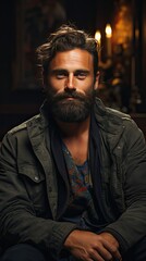 Portrait of an attractive smiling young bearded man wearing casual clothes sitting on a couch at the living room, using mobile phone. Man portrait illustration. Generative AI