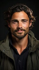 Fototapeta premium Portrait of young smiling handsome man on background. Man face portrait illustration. Generative AI