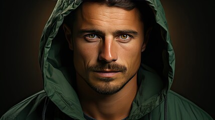 Handsome man in green hoodie on background. Man portrait illustration. Generative AI