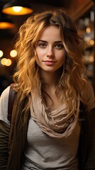 Fototapeta premium Portrait of young beautiful cute cheerful girl smiling looking at camera over background. Smile emotion illustration. Generative AI