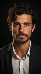 Obraz premium Handsome young man posing on background. Portrait of satisfied businessman against grey wall. Close up face of fashionable latin man on grey background. Man face portrait illustration. Generative AI
