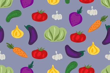 Bright colors of vegetables. Healthy food. Eggplant, tomato, cucumber, carrot, beetroot, garlic, onion, cabbage. Seamless vector pattern for design and decoration.
