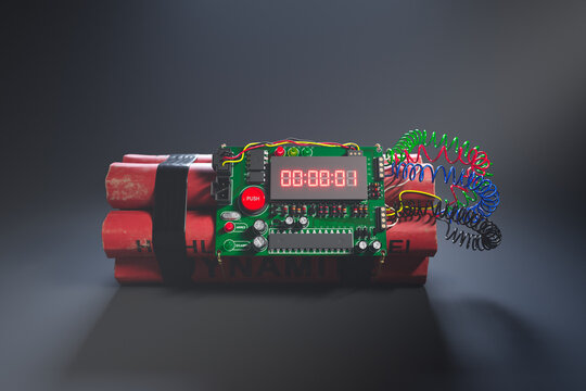 Dynamite bomb with a digital timer countdown. One second left until exposion.