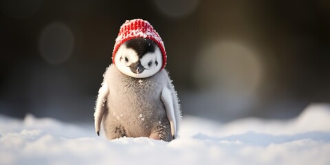 Obraz premium A baby penguin waddling in the snow, its tiny head adorned with a red Christmas hat