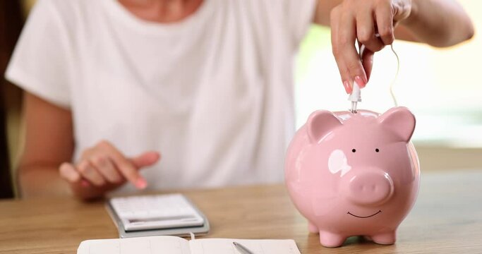 The woman counts on the calculator inserts an electric plug into the piggy bank. Energy conservation, efficient use of energy