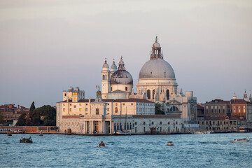 Fototapeta na wymiar Baroque church Santa Maria della Salute at the Grand Canal and dawn, Venice, Italy