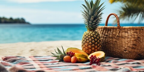 A picnic blanket spread out on a tropical beach with a basket full of tropical. The horizon displays a calm turquoise sea and distant sailboats, copy space