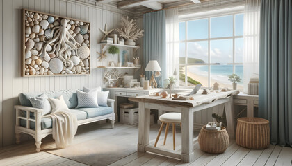 A coastal-inspired home office, unoccupied, emphasizing a driftwood desk, intricate seashell decor, and a color palette dominated by soft blue and pristine white hues. Windows present a tranquil view 