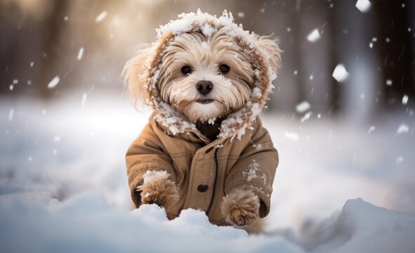 A canine in a snowy costume gleefully romps in the winter wonderland, embodying the spirit of the season