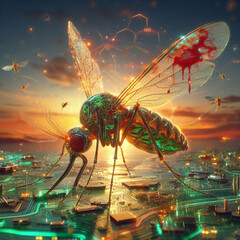 genetically modified macro closeup of nano robot engineered weapon mosquito in action concept design