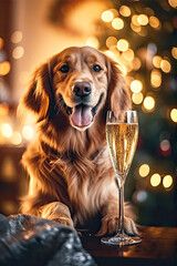 Cute funny dog with holiday Christmas lights on background. Adorable golden retriever dog with a glass of champagne celebrating the new year - obrazy, fototapety, plakaty
