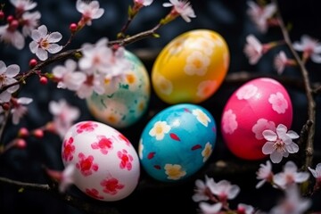 Fototapeta na wymiar colorful eggs in blossoming season, joyful celebration. Generative AI