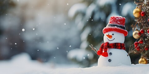 Fototapeta premium A snowman in a garden, donning a bright red Christmas hat