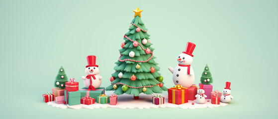 Christmas tree and snowman with gifts 3d render on green background
