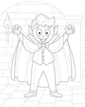 Cute little vampire. Coloring book for children and adults. Vector black and white image.