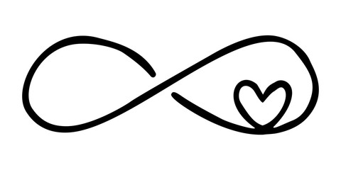 Infinity symbol with heart hand drawn with ink brush. Thin line scribble icon. Png clipart isolated on transparent background - obrazy, fototapety, plakaty
