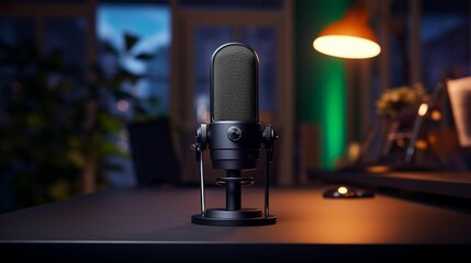 AI generated illustration of a black microphone atop a wooden table against illuminating lights