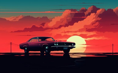 Fototapeta na wymiar Classic car wallpapers, sunset