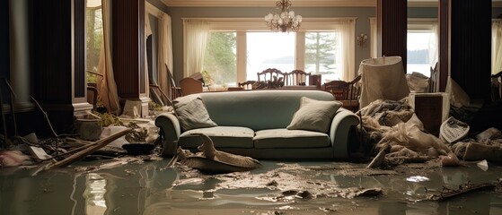 Photograph a flooded living room, furniture floating and personal belongings scattered, showcasing the devastating personal impact of a flood