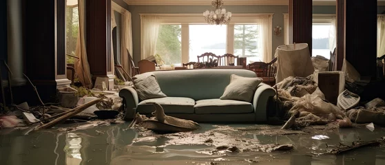 Foto op Aluminium Photograph a flooded living room, furniture floating and personal belongings scattered, showcasing the devastating personal impact of a flood © Filip