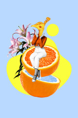 Creative abstract photo collage of headless girl with bird mask sitting juicy orange morning fresh...