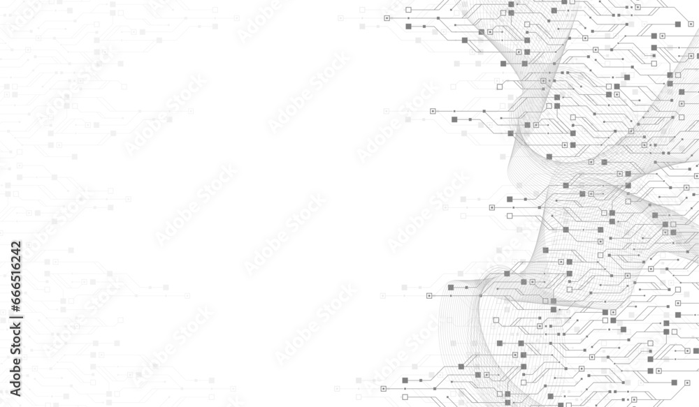 Fototapete Quantum computer technologies concept. Futuristic blue circuit board background vector. Modern technology circuit board texture background design. Waves flow. Quantum explosion technology.