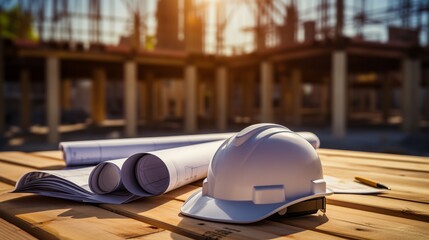 Construction house. Repair work. Blueprints for construction Mechanic's gloves and a white helmet in the background of a construction site