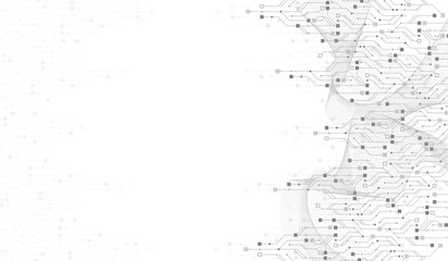 Quantum computer technologies concept. Futuristic blue circuit board background vector. Modern technology circuit board texture background design. Waves flow. Quantum explosion technology.