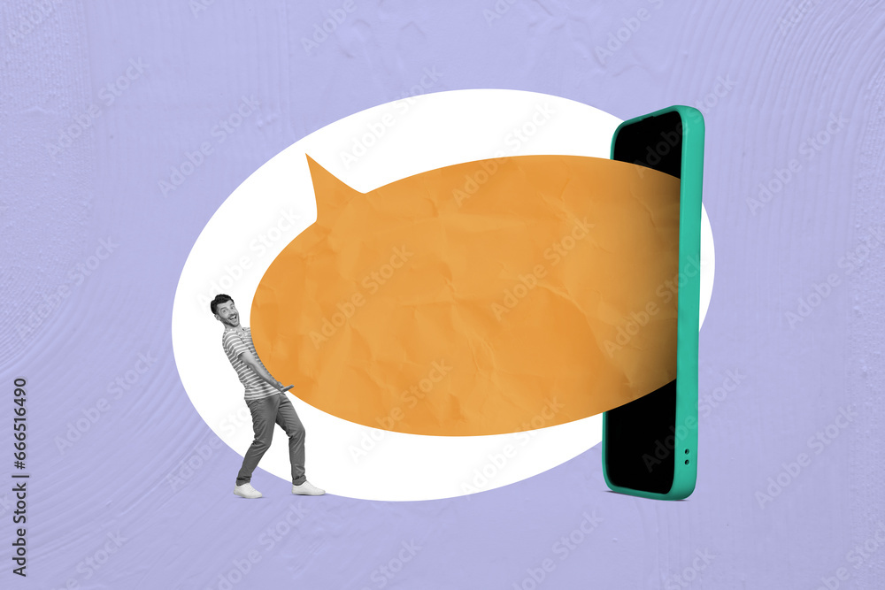 Poster creative composite collage photo of guy hold dialog cloud from smartphone touchscreen chatting with 