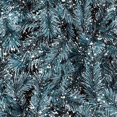 Seamless pattern with fir tree branches. Blue Christmas background with snow