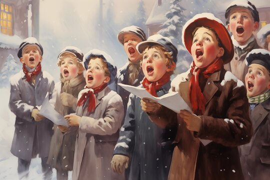 A Vintage Style Painting Of A Group Of Christmas Carolers