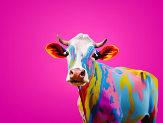 colorful cow  with horns on pink background