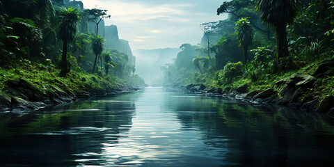 Tropical rainforest around river covered with mist. Generative AI - obrazy, fototapety, plakaty
