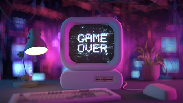 Game over message on screen of retro computer. 3D render animation