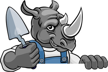 A rhino bricklayer builder construction worker mascot cartoon character holding a trowel tool and peeking around a sign