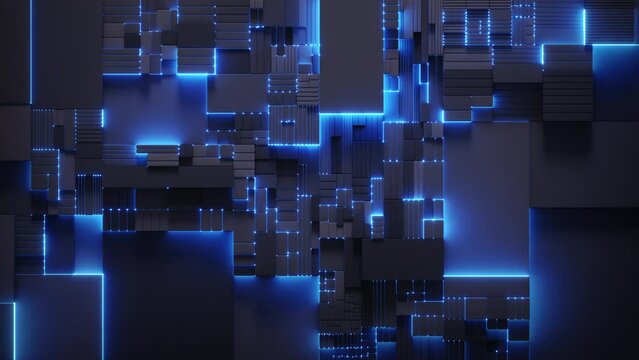 Abstract geometric shapes cubic blocks background with blue neon backlight. Seamless loop 3D render animation