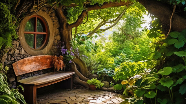 tree arch and wooden garden bench, small wooden cabin in the garden