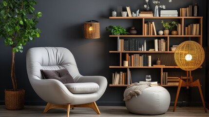 Scandinavian bookcase with armchair in modern cozy interior of room.