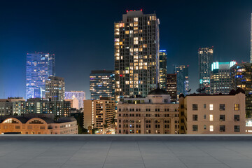 Skyscrapers Cityscape Downtown, Los Angeles Skyline Buildings. Beautiful Real Estate. Night time. Empty rooftop View. Success concept. - obrazy, fototapety, plakaty