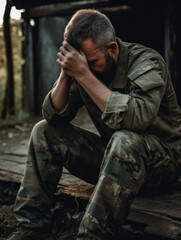 Obraz premium An American soldier with ptsd sits sad
