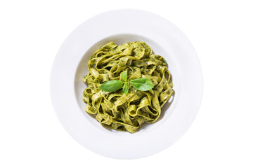 plate of pasta with pesto sauce isolated on a transparent background, top view