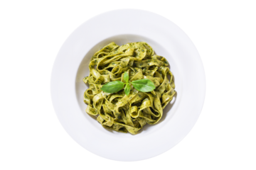 plate of pasta with pesto sauce isolated on a transparent background, top view