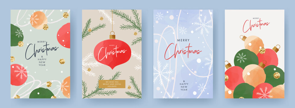 Merry Christmas and Happy New Year greeting card Set. Modern Xmas art doodle design with typography, beautiful Christmas tree and balls, snowflakes pattern. Minimal banner, poster, cover templates