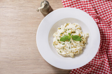 plate of pasta fettuccine alfredo, top view