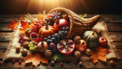 a thanksgiving autumn cornucopia still life with pumpkins, corn, fruit and flowers