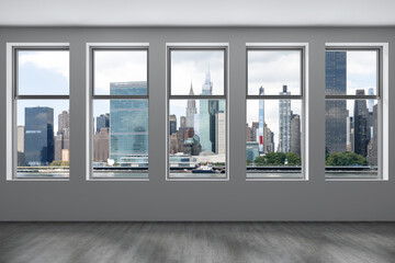 Midtown New York City Manhattan Skyline Buildings Window Background. Expensive Real Estate. Empty room Interior Skyscrapers View Cityscape. East Side United Nations Headquarters. 3d rendering - obrazy, fototapety, plakaty