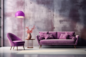 Purple sofa. Minimalist living room interior with purple sofa and coffee table. Purple sofa in...
