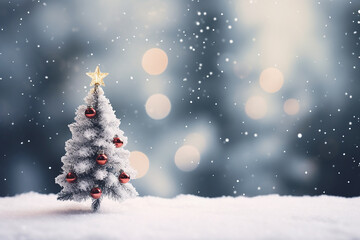 Fototapeta na wymiar A decorated Christmas tree in miniature on the snow