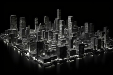 3D cityscape model on black background. Generative AI