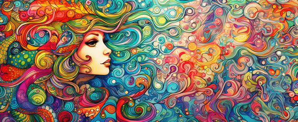 A psychedelic, whimsical illustration of a mermaid with sea life. 